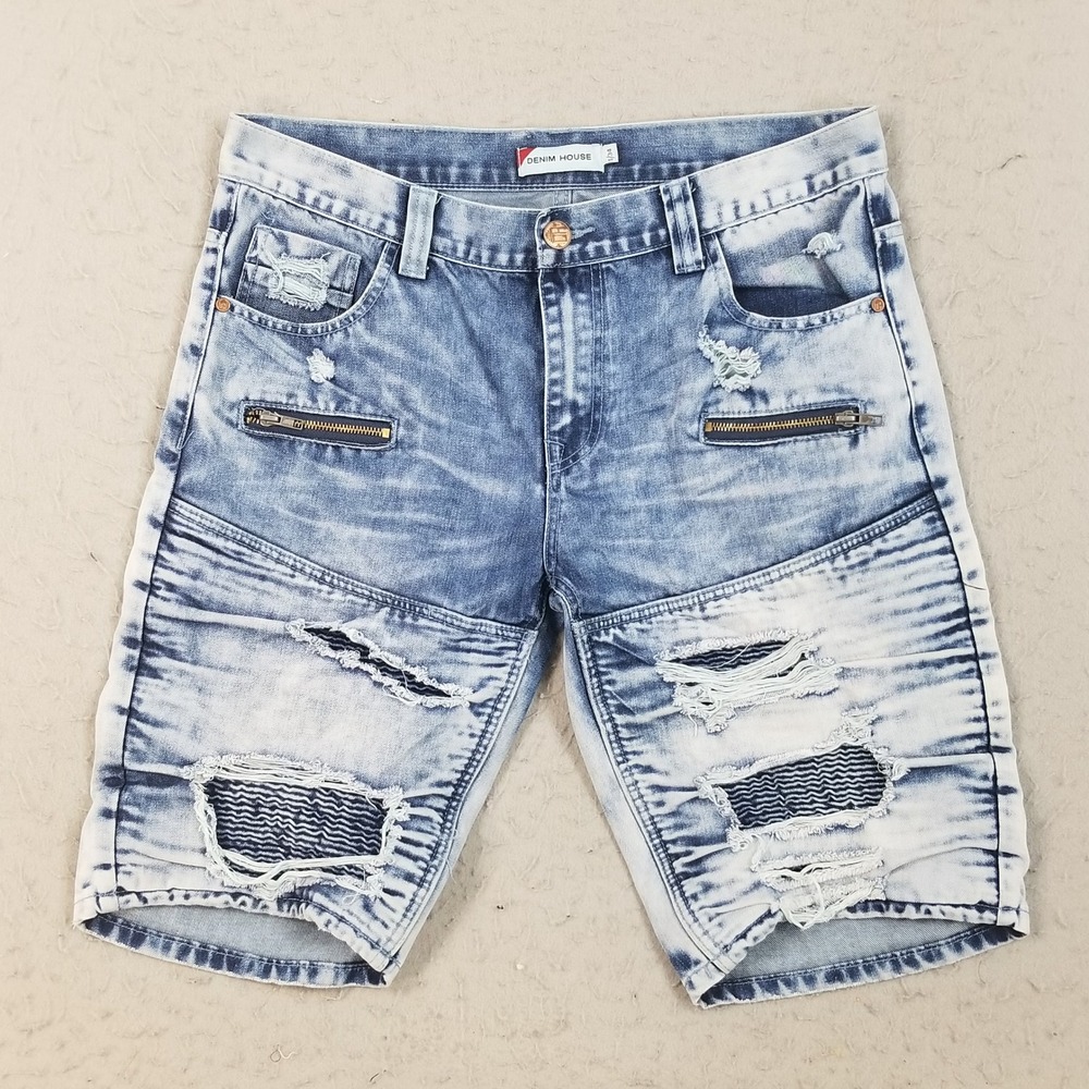 Denim House Jean Shorts Mens 34 Blue Acid Wash Distressed Moto Streetwear Ripped